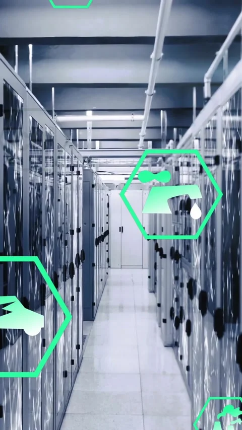 Animation of eco icons and digital data processing over computer servers Stock Footage 342010544