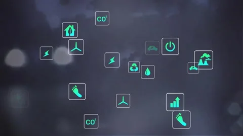 Animation of eco icons data processing over out of focus city lights Stock Footage 264824059