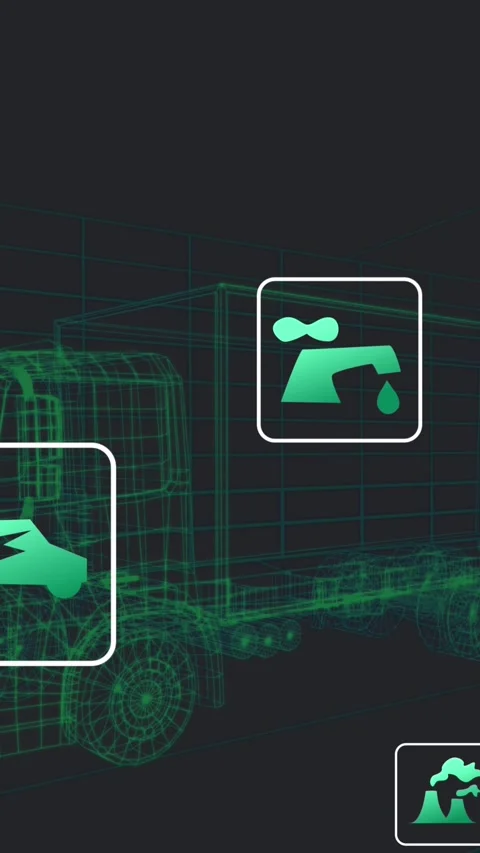 Animation of eco icons floating over truck project on black background Stock Footage 341956319