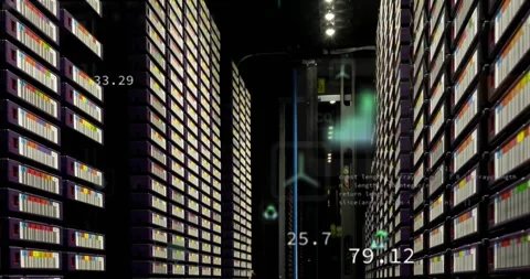Animation of ecology icons and data processing over server room Stock Footage 328587049