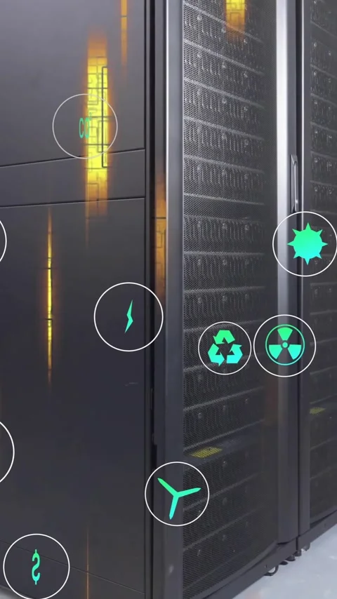 Animation of ecology icons and data processing over server room Stock Footage 343504433