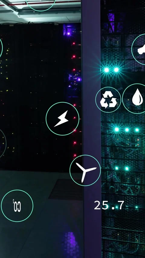 Animation of ecology icons and data processing over server room Stock Footage 343504439