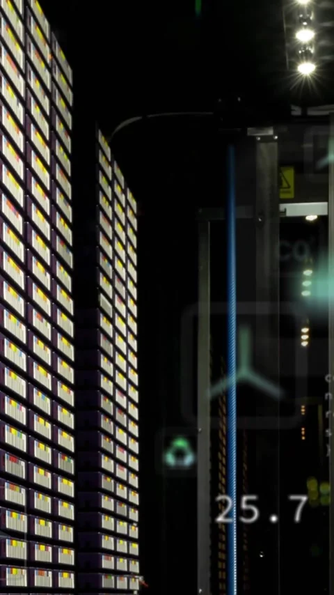 Animation of ecology icons and data processing over server room Stock Footage 344244253