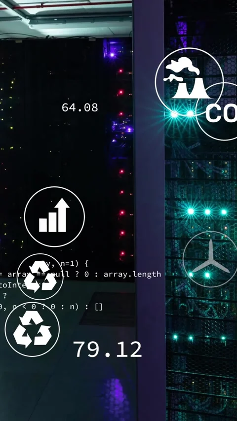 Animation of ecology icons and data processing over server room Stock Footage 344284674