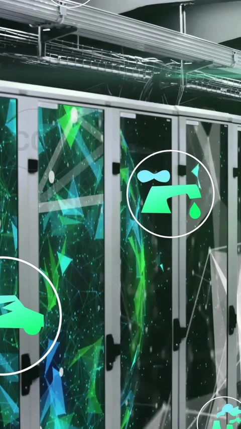 Animation of ecology icons and network of connections over server room Stock Footage 344244254