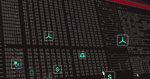Animation of ecology icons over binary coding Stock Footage 310220596