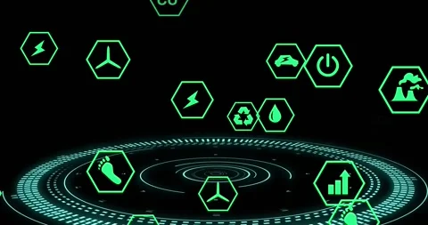 Animation of ecology icons over scope scanning on black background Stock Footage 329760747