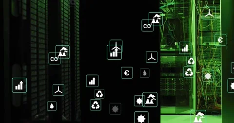 Animation of ecology icons over server room Stock Footage 330732855