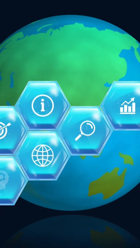 Animation of education and learning icons on blue hexagons over globe on blue Stock Footage 342801919