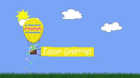 Animation of egg shaped balloon towing a banner with message Easter greetings Stock Footage 101538258