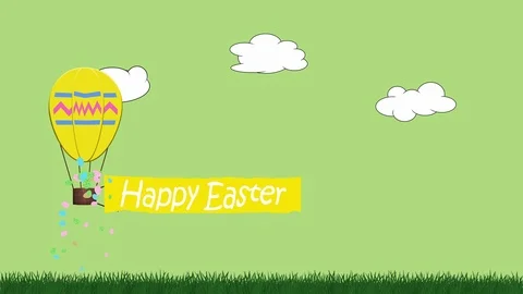 Animation of egg shaped balloon towing a banner with the message Happy Easter Stock Footage 101538966