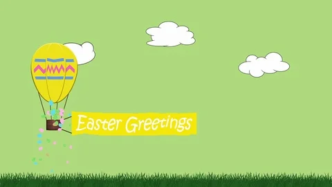Animation of egg shaped balloon towing a banner with message Easter greetings Stock Footage 101539039