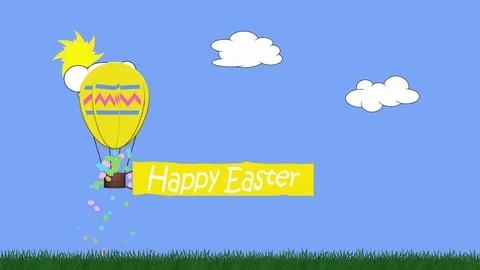 Animation of egg shaped balloon towing a banner with the message Happy Easter Stock Footage 101539814