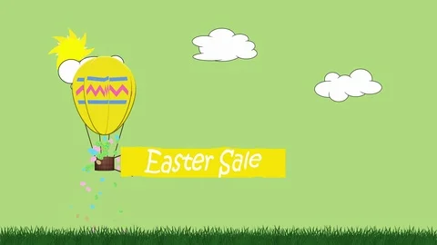 Animation of egg shaped balloon towing a banner with the message Easter sale Video stock 101540455