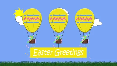 Animation of egg shaped balloon towing a banner with message Easter greetings Stock Footage 101658989