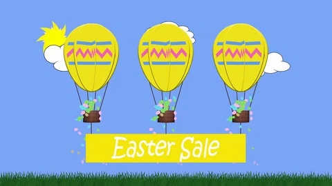 Animation of egg shaped balloon towing a banner with the message Easter sale Stock Footage 101659985
