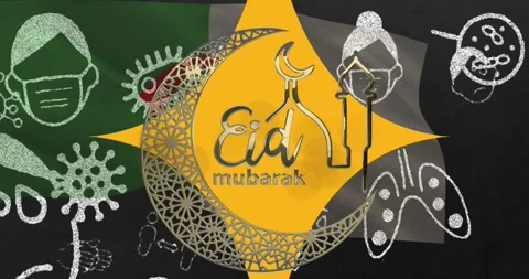 Animation of eid mubarak over virus icons and flag of algeria Stock Footage 329765807