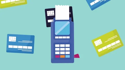 Animation of electronic terminal for payment processing with colorful credi.. Stock Footage 333805112