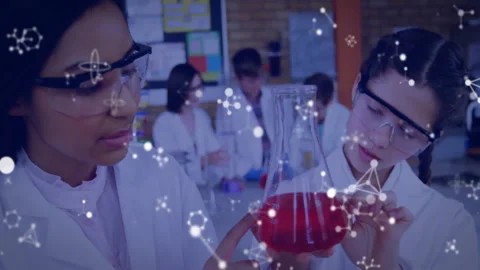 Animation of element structures over diverse schoolgirls carrying out experiment Stock Footage 265501593