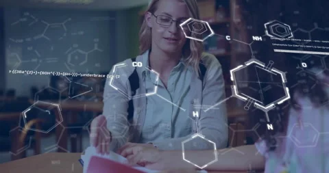 Animation of elements and data processing over happy diverse female students Stock Footage 268069125