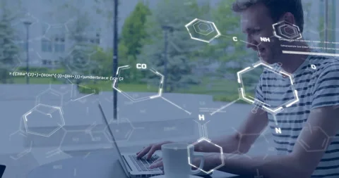 Animation of elements and data processing over happy caucasian male student Stock Footage 268069137