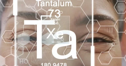 Animation of elements and molecular strcutures over eyes of smiling female Stock Footage 329102794