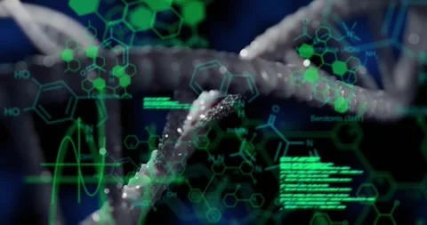 Animation of elements, charts and data processing over dna on black background Stock Footage 328646968