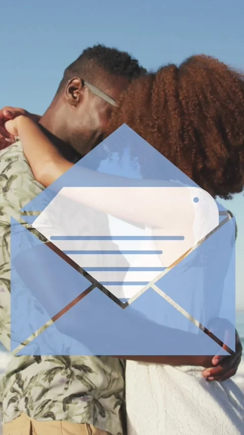 Animation of email envelope digital icon over couple in love hugging on beach Stock Footage 331643260