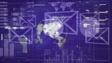 Animation of email envelopes, data processing and globe spinning Stock Footage 202556466