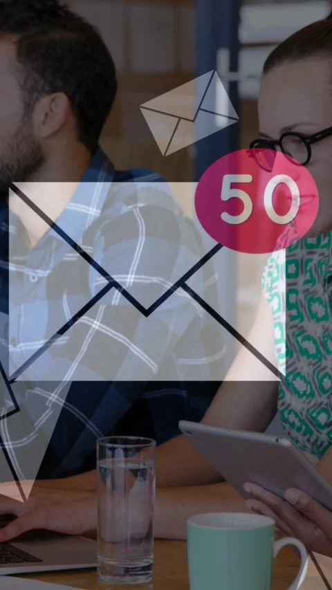 Animation of email envelopes data processing over diverse business people in Video stock 320811333