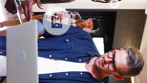 Animation of email icons data processing over diverse business people in office Video stock 313186340