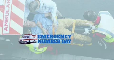 Animation of emergency number day over diverse paramedics with patient and 動画素材 199893974