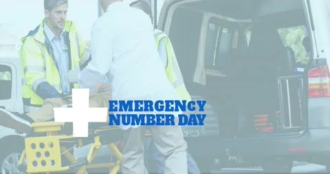 Animation of emergency number day over diverse paramedics with patient and Video stock 199893975
