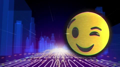 Animation of emoji icon and binary coding over digital city Stock Footage 326187409