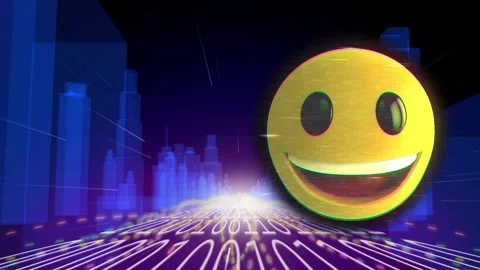 Animation of emoji icon and binary coding over digital city Stock Footage 326629565