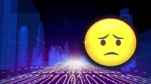 Animation of emoji icon and binary coding over digital city Stock Footage 327004614