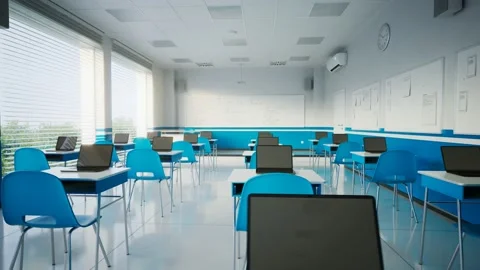 Animation of the empty modern classroom. School during COVID-19.  Education. Stock Footage 145763815