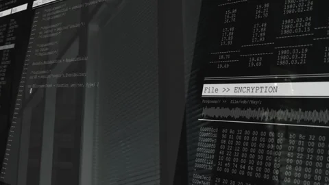 Animation of encryption process on computer screen with code and data Stock Footage 303840253
