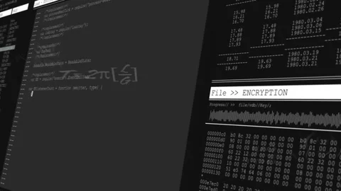 Animation of encryption process overlaying digital interface with code and Stock Footage 304843372
