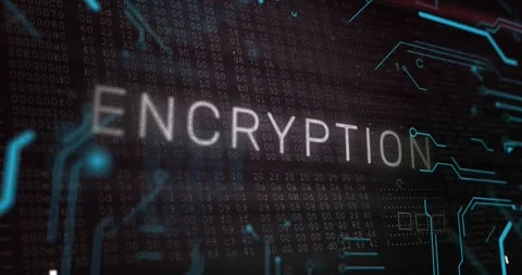 Animation of encryption text banner over microprocessor connections and binary Stockbeeldmateriaal 254691722