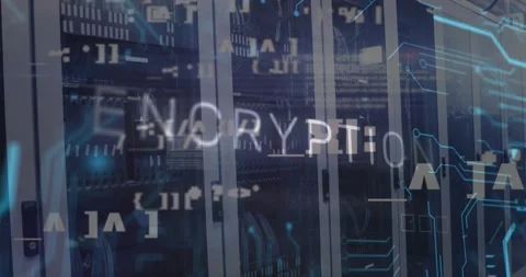 Animation of encryption text, symbols and circuit board pattern over server room Stock Footage 328412817