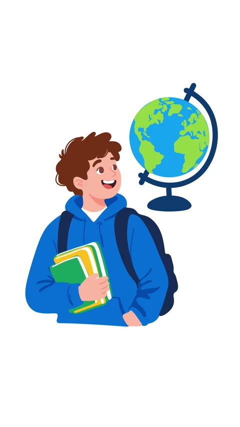 Animation enthusiastic student with globe representing knowledge and world .. Video stock 346374127