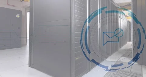 Animation of envelope and stop symbol over data server racks in server room Stock Footage 328251791
