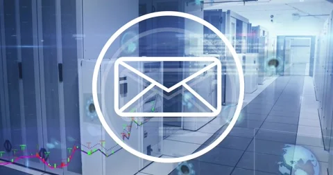 Animation of envelope email icon over processing data and computer server room Video stock 327393960