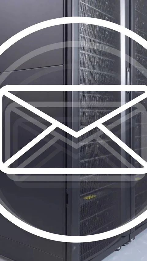 Animation of envelope email icon over computer server room Stock Footage 343548080