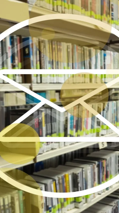 Animation of envelope icon and light spots over bookcase in library Stock Footage 341956136