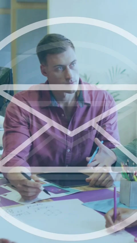 Animation of envelope icon in circle over diverse coworkers sharing ideas in Stock Footage 344783619