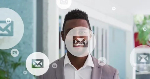 Animation of envelope icon in circles over smiling african american man standing Stock Footage 330658323