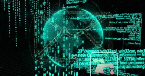 Animation of envelope icons globe rotating over binary codes and programming Stock Footage 326186875