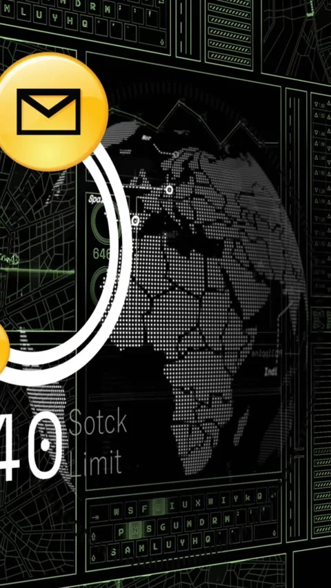 Animation of envelope icons over data processing with globe on black background Stock Footage 342612948